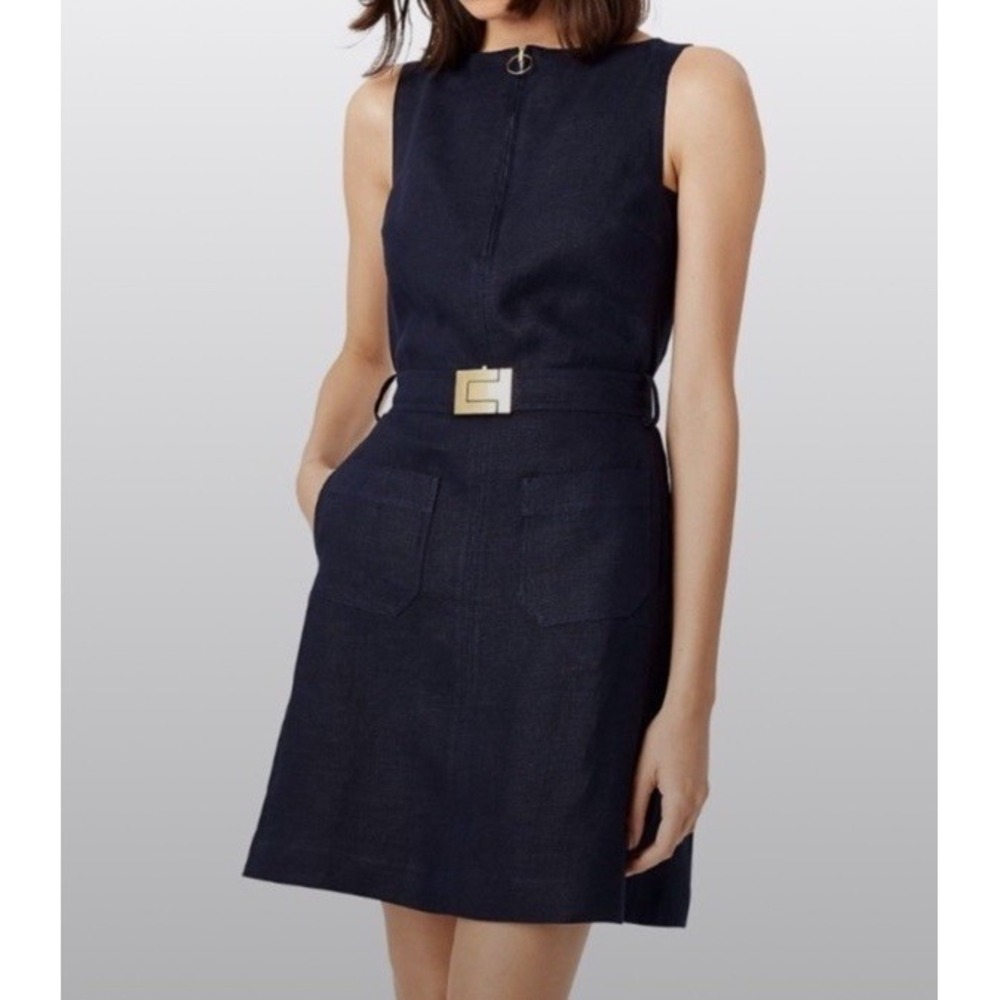 Tory Burch Nadia Linen Sleeveless Sheath Dress with T Belt 12 Navy Blue